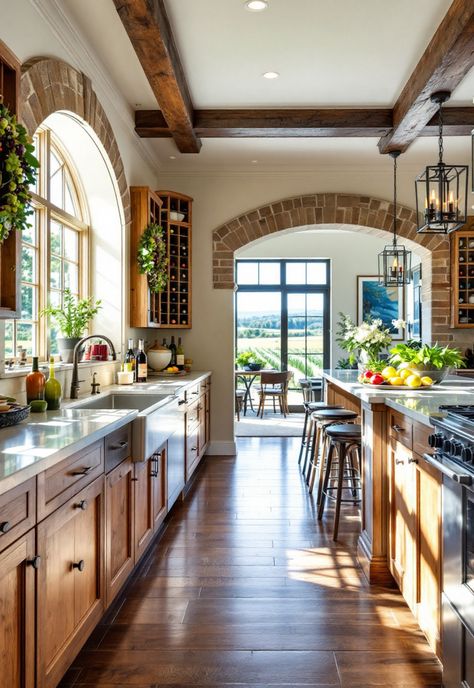 Rustic Kitchen French Vineyard House Interior, Stone Arch In Kitchen, Texas Hill Country Kitchen, Wine Barrel Tables, Rustic Italian Kitchen, Kitchen Rich, Barrel Tables, Wine Barrel Table, Italian Kitchen Design