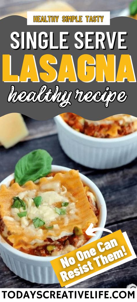 When you need a single serve or small batch option, this healthy lasagna recipe is it! Great for potlucks or parties. Find this recipe and more on Today's Creative Life.com Ramkin Recipes, Healthy Lasagna Recipes, Batch Meals, Single Serve Meals, Healthy Lasagna, Cube Steak Recipes, Healthy Meals For One, Single Serving, Lasagna Recipe