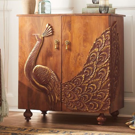 Carved Peacock Cabinet, Wood Carved Furniture, Peacock Cabinet, Pooja Shelf, Cnc Artwork, Wall Tables, Theme Restaurant, Console Unit, 3d Relief Art, Dining Room Furniture Design