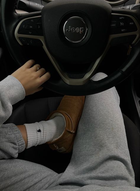 Jeep, cozy aesthetic, lounge wear, morning, driving, ugg ultra mini, sweatpants, street wear, ralph lauren Driving Jeep Aesthetic, Driving Aesthetic Morning, Morning Drive Aesthetic, Driving Motivation, 2025 Energy, February Moodboard, Jeep Aesthetic, Aesthetic Lounge, Ugg Ultra Mini