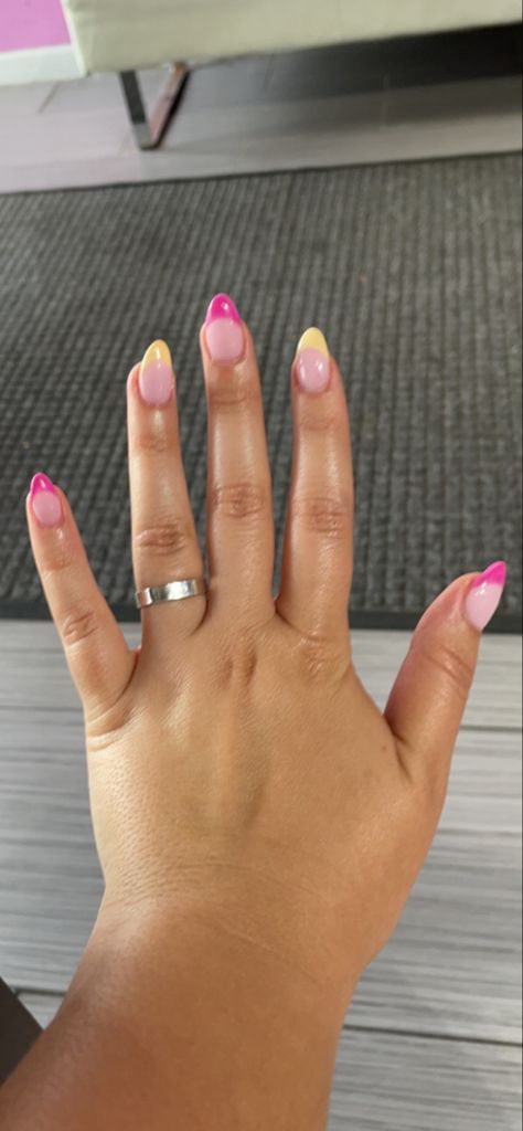 Cute Pink And Yellow Nails, Yellow And Pink French Tip Nails, Pink Yellow French Nails, Pink Nails With Yellow Tips, Pink And Yellow Almond Nails, Yellow French Tip Nails Almond, Pink And Yellow Nails Acrylic, Yellow Nails Summer, Nail Inspo Yellow