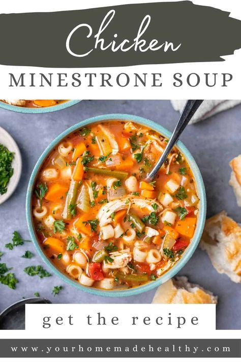 Chicken Tomato Vegetable Soup, Minestrone Soup With Chicken, Tomatoe Chicken Soup, Chicken Soup With Tomatoes, Italian Chicken Soup Recipes, Chicken Ditalini Soup, Chicken Minestrone Soup Recipe, Tomato Chicken Soup, Chicken Minestrone Soup