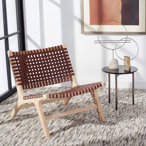 Safavieh Home Collection Luna Natural and Cognac Leather Woven Accent Chair Leather Woven Chair, Woven Accent Chair, Mcm Chair, Mid Century Accent Chair, Woven Chair, Leather Side Chair, Printed Chair, Leather Accent Chair, Parsons Chairs