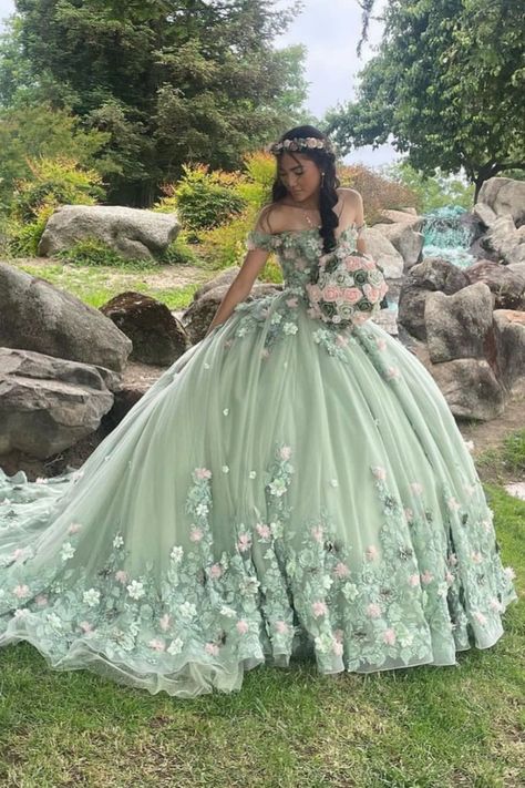 sage quinceanera dress Green Ball Gown Dress, Sage Quinceanera, Sage Green Ball Gown, Elegant Quince Dresses, Green Quince Dress, Charro Quince, Green Quinceanera Dresses, Xv Dresses, Green Ball Gown