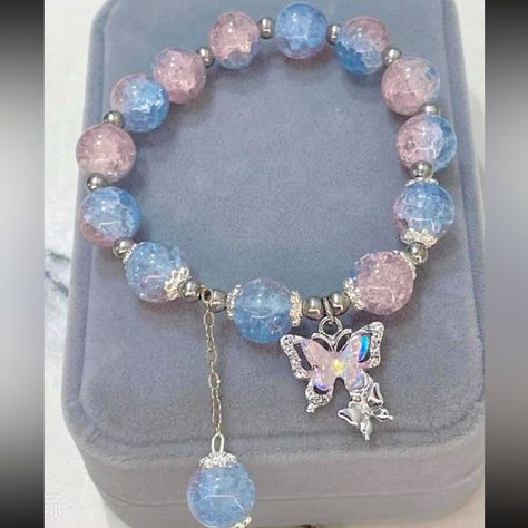 Pink/Blue Beaded Bracelet With Butterfly Charm. New With Tags! Cute Blue Bracelet, Chain Bead Bracelet, Beaded Charm Bracelet Ideas, Butterfly Beaded Bracelet, Cute Bead Bracelets, Cute Charm Bracelets, Hot Pink Bracelet, Etsy Beads, Blue Bracelets