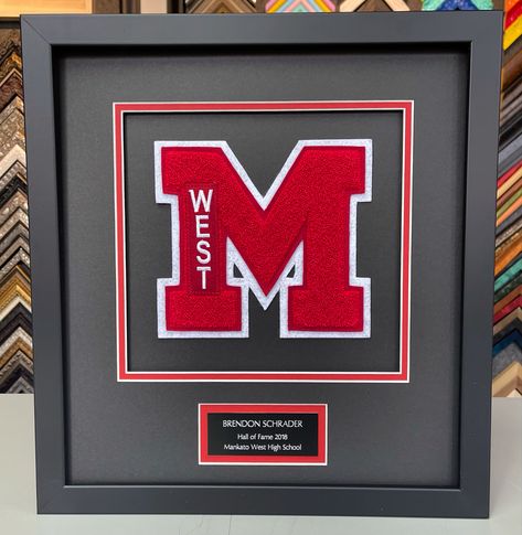 High school letter custom framed with acid-free matting, UV acrylic and name plate! #art #denver #colorado #pictureframing #customframing #5280customframing #highschoolletterman #shadowbox Sports Frames Ideas, Varsity Letter Display Ideas, High School Shadow Box Ideas, High School Letter Display, Varsity Letter Shadow Box Ideas, Varsity Letter Ideas, Jersey Presentation, Word Collage Art, Academic Awards