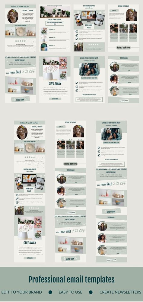 Create your own newsletter by combining templates or use as standalone emails. Easily customisable within Canva and then upload to Mailchimp or any other email marketing platform that has an image upload function. Canva Email Template, Creative Newsletter Design, Mailing List Template, Mailchimp Newsletter Design, Email Newsletter Template Design, Newsletter Design Inspiration, Email Marketing Templates, Newsletter Template Mailchimp, Newsletter Design Templates