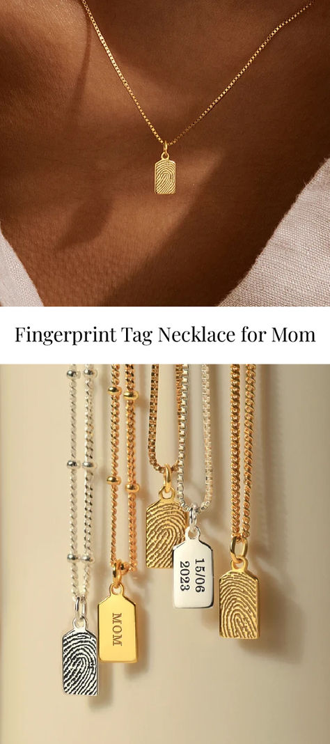 This Fingerprint Tag Necklace for Mom is the perfect gift for the woman who treasure every moment. Capture a loved one's fingerprint on a paper, personalize the back with a heartfelt message for an exquisite and meaningful gift Mom will cherish. 🧡 #FingerprintNecklace #MomJewelry #MomNecklace #MomGifts #NecklaceWithFingerprint Personalized Jewelry For Mom, Mama Ring, Everyday Earrings Simple, Gift Ideas Jewelry, Simple Silver Earrings, Mom Gift Ideas, Jewelry For Mom, Birthday Presents For Mom, Fingerprint Necklace