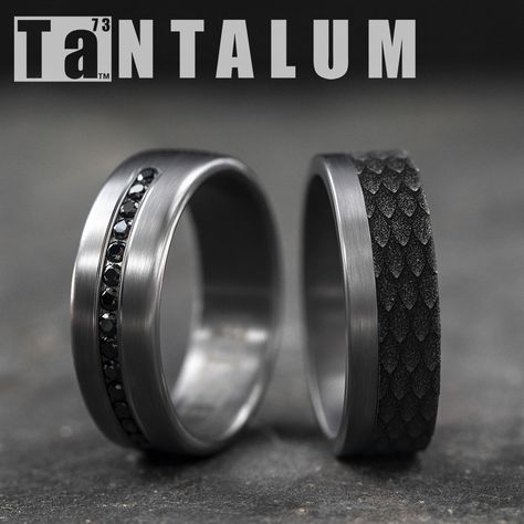 7.5mm men's grey tantalum ring with black diamonds | CF717551GTA | 7mm men's grey tantalum wedding ring with a black titanium dragon scale pattern | 025BKT7857GTA |  #benchmarkrings #ring #rings #diamonds #diamond #fiance #weddingring #bling #wedding #gold #gettingmarried #theknot #shesaidyes #jewelry #engaged #engagementring #marryme #fashion #mensfashion #love #style #madeinamerica #beautiful #bride #groom #luxury #art #lovestory #womensfashion #tantalum Tantalum Ring, Rustic Mens Rings, Wedding Ring Images, Viking Wedding Ring, Vintage Style Wedding Rings, Rustic Wedding Bands, Wedding Ring Pictures, Mens Wedding Bands Unique, Rings Men