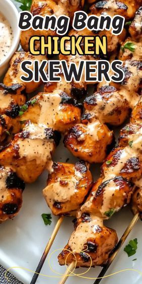 Easy Bang Bang Chicken Skewers Chicken Breast Skewers, Bang Bang Chicken Skewers, Grilled Chicken Kabobs, Bang Bang Chicken, Chicken Skewer Recipe, Chicken On A Stick, Skewer Appetizers, Fun Dinner, Bourbon Chicken