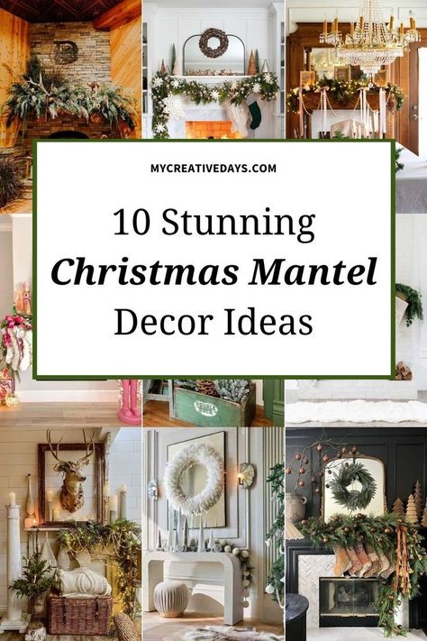 Christmas Mantels With Mirror, Christmas Mantel Ideas 2023, Farmhouse Christmas Mantle Decor, Christmas Mantles Ideas Fireplaces, Farmhouse Christmas Mantle, Rustic Christmas Mantel, Christmas Mantel Decor, Mantel Decor Ideas, Mercury Glass Candle Holders