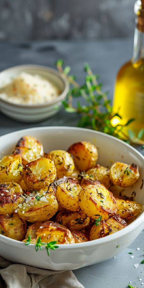 These Crispy Garlic Roasted Potatoes are the perfect side! Simple, tasty, and seasoned with a blend of herbs. Garlic Potatoes In Oven, Roast Potatoes In Oven, Roasted Potatoes In Oven, Savory Potato Salad, Autumn Lunch, Potato Roasted, Potatoes In Oven, Garlic Roasted Potatoes, Crispy Garlic