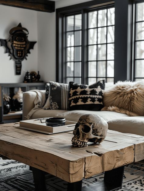 Western Gothic Living Room: Rustic Wooden Coffee Table White Goth Living Room, Gothic Coffee Table Decor, Goth Farmhouse Living Room, Yallternative Aesthetic Home, Western Gothic Decor Living Room, Western Goth Living Room, Dark Western Living Room, Western Gothic Interior Design, Western Living Room Decorating Ideas Ranch Style Interior Design