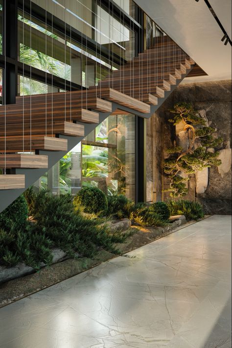 Stairs design with bonsai by OLT Design Garden Below Staircase, Staircase Garden Indoor, Under Stairs Ideas Garden, Staircase Under Design, Garden Under Staircase, Garden Under Stairs Indoor, Under Stairs Garden, Plants Under Stairs, Stairs Atrium