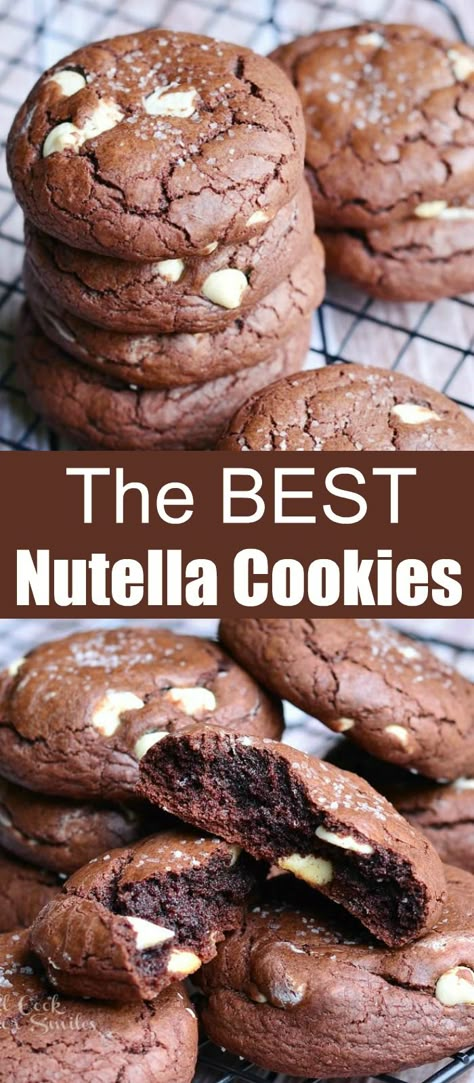 Nutella Cookies are soft in the middle and crunchy on the outside. These chocolate cookies are loaded with Nutella spread in the dough and coated with crunchy nut pieces. #cookies #chocolatecookies #Nutella #dessert Biscuits And Nutella, Nutella Soft Cookies, Nuttela Cookies Recipes, Nutella Brownie Cookies, Nutella Christmas Cookies, Nuttela Cookies, Nutella Cookie Recipes, Desserts With Nutella, Nutella Cookie Dough