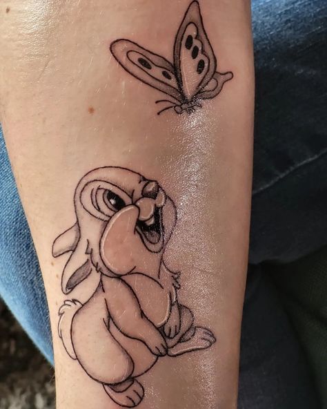 Disney thumper and butterfly, Stampertje met vlinder. Disney Thumper Tattoo, Thumper Disney Tattoo, Cartoon Bunny Tattoo, Thumper Tattoo, Thumper Disney, Just Breathe Tattoo, Courage Tattoos, Disney Thumper, Tattoo Animals