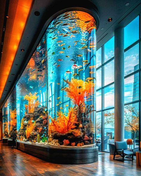 Luxury Aquariums Home, Luxury Aquarium, In Home Aquarium, Koi Fish Aquarium, Aquarium House, Indoor Aquarium, Glazed Partition, Rama Photos, Aquarium Room