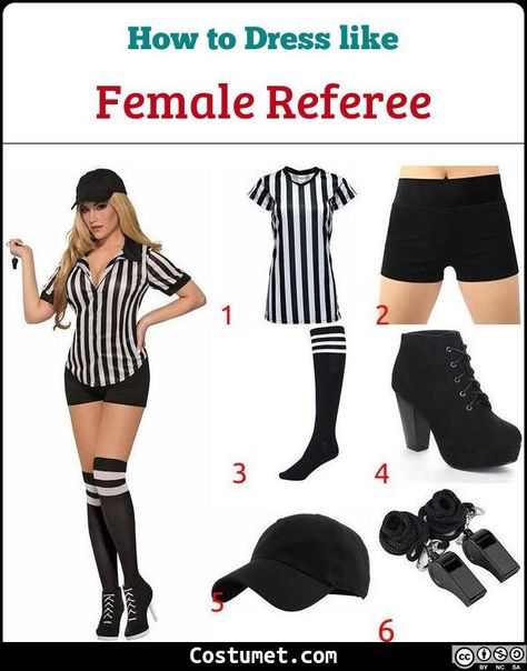 Womens Referee Costume, Sport Costume Ideas, Referee Costume Womens, Jersey Party Outfit, Referee Outfit, Funny Group Halloween Costumes, Referee Costume, Sports Party Outfit, College Costumes