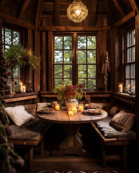 Rustic Forest House, Forest Cabin Aesthetic Interior, Rustic Cozy House, Forest Home Aesthetic, Victorian Cabin, Cabin Interiors Cozy, Interior Cabin Ideas, Cozy Cabin Kitchen, Cottagecore Dining Room