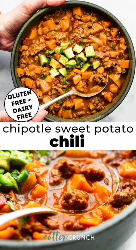 Chipotle Sweet Potato Chili! This beanless slow cooker sweet potato chili is healthy but hearty, with an extra kick of spice! Made with simple ingredients you probably have on hand, it’s a paleo-friendly, gluten-free chili that requires minimal prep work and comes together with ease. Stovetop Option. Chili Recipe Slow Cooker, Gluten Free Chili Recipe, Potato Chili Recipe, Turkey Sweet Potato Chili, Sweet Potato Chili Recipe, Crock Pot Sweet Potatoes, Turkey Sweet Potato, Healthy Side Dish Recipes, Paleo Chili