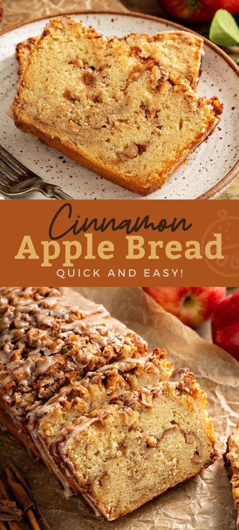 This moist and tender Cinnamon Apple Bread has a scrumptious swirl of brown sugar apples in the middle and a crisp top drizzled with light cinnamon glaze. This easy to make apple bread will become a favorite fall treat and one of the best quick breads you'll ever bake. #recipe #apples #autumn #baking #lemonblossoms #fallflavors Holiday Breads, Cinnamon Apple Bread, Cinnamon Glaze, Autumn Baking, Apple Recipes Easy, Fall Baking Recipes, Bread Quick, Sugar Apples, Apple Dessert Recipes