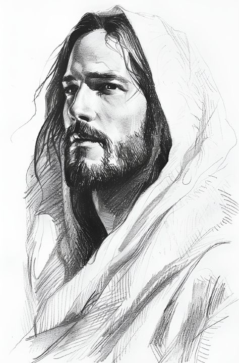 Preach God's word and follow Him! Dive into this stunning black and white pencil drawing of a bearded man with long hair, donning a hooded cloak. Reflect upon Luke 9:23, "Then he said to them all: 'Whoever wants to be my disciple must deny themselves and take up their cross daily and follow me.'" Save this divine artistry and follow for more inspirational Christian art! #JesusVerse #FaithArt #ChristianInspiration #BibleVerse #ArtWithPurpose #FollowJesus Hooded Cloak Drawing, Hooded Drawing, Christian Drawings Pencil, Jesus Christ Black And White, Jesus Pencil Drawing, Christian Drawing Ideas, Christian Drawings Inspiration, Drawing Ideas Portrait, Jesus Drawings Sketches