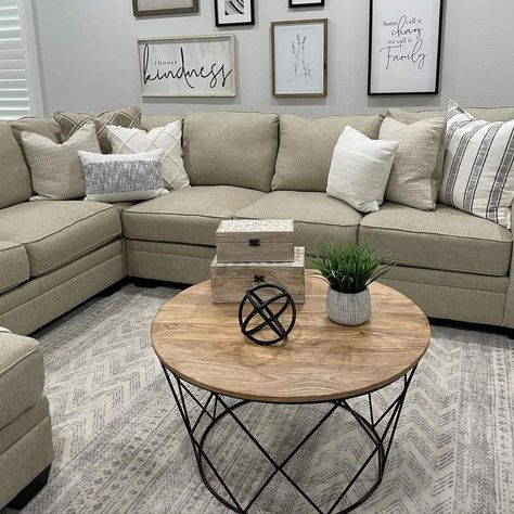 Small Living Room Sectional Layout With Coffee Table - Soul & Lane Living Room Sectional Layout, Small Living Room Sectional, Wood Frame Gallery Wall, Black Metal Coffee Table, Sectional Layout, Grey Sectional Couch, Sectional Living Room Layout, Sectional Coffee Table, Frame Gallery Wall