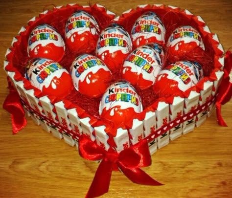 kinder chocolate joy kinder bar kinder surprise egg cake tower candy gift idea basket box valentines day birthday wedding present romantic romance love heart bow red Kid Surprise, Cake Tower, Kind Bars, Birthday Basket, Sweet Trees, Egg Cake, Chocolate Gifts Basket, Candy Cakes, Sweets Gift