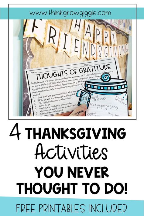 Looking for fun, unique activities for your students for Thanksgiving this November? These lesson ideas include book suggestions, friendsgiving tips, bulletin board ideas, and Thanksgiving writing ideas that will keep your students engaged all month long. These Thanksgiving activity ideas also include gratitude jars and activities for being thankful. Check out this quick blog post and scoop up some free thanksgiving activities for kids today! Classroom Gratitude Activities, Homeschool Friendsgiving, Thanksgiving Writing Activities Middle School, Upper Elementary Thanksgiving Activities, Thanksgiving Activities 3rd Grade, Thanksgiving 5th Grade, Thanksgiving Activities For 5th Grade, Thanksgiving Sel Activities, Thanksgiving Activities 5th Grade