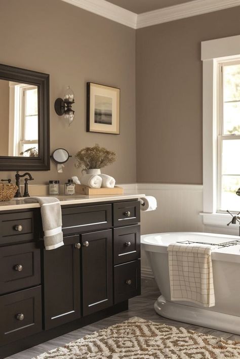 Dark Wood In Bathroom, Bathroom Paint Colors With Brown Cabinet, Bathroom Ideas Dark Brown Cabinets, Espresso Bathroom Ideas, Black White And Tan Bathroom Ideas, Taupe And Gray Bathroom, Brown Toilet Design, Brown Tile Bathroom Decor, Bathroom With Dark Ceiling