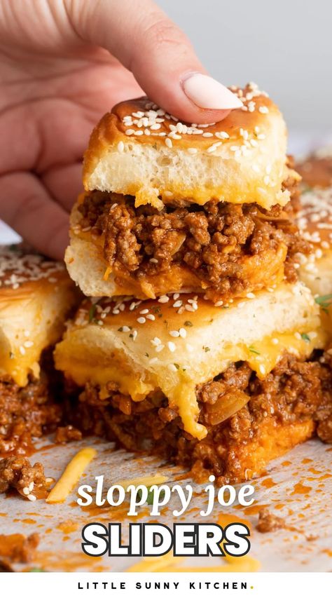 Packed with tangy, sweet, and savory flavors, these Sloppy Joe sliders feature delicious ground beef cooked with ketchup, mustard, Worcestershire sauce, and tomato paste, topped with melted cheddar cheese and served on soft Hawaiian rolls. Perfect for parties or a fun family meal, these bite-sized sandwiches will be a hit with everyone! Sliders Healthy, Sloppy Joe Sliders, Cheesy Sloppy Joes, Sliders Recipes Hawaiian Rolls, Homemade Sloppy Joe Sauce, Sloppy Joes Sliders, Easy Slider Recipes, Sloppy Joes Sandwich, Homemade Sloppy Joes