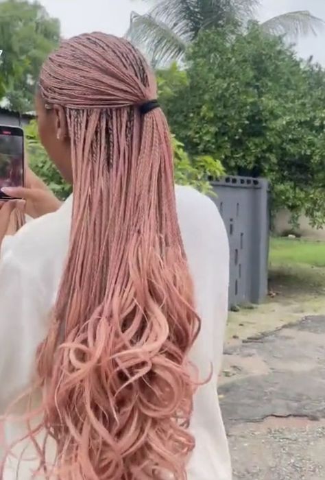 Braided Pink Hair, Rose Gold French Curl Braids, Peach Box Braids, Pink Braids Aesthetic, Pastel Pink Box Braids, Pink Curly Braids, Long Layered Braids, Pink Braids With Curls, Pink Braids For Black Women