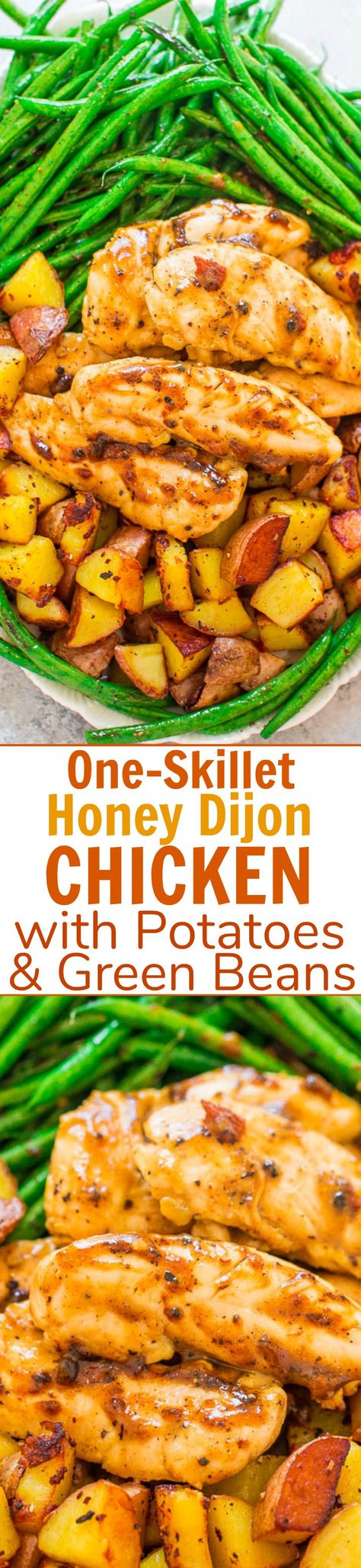 Honey Dijon Chicken, Green Beans, and Potatoes - Averie Cooks Honey Dijon Chicken, Chicken With Potatoes, Potatoes And Green Beans, Dijon Chicken, Chicken Crispy, Averie Cooks, Chicken Skillet, Diy Easy Recipes, One Skillet Meals