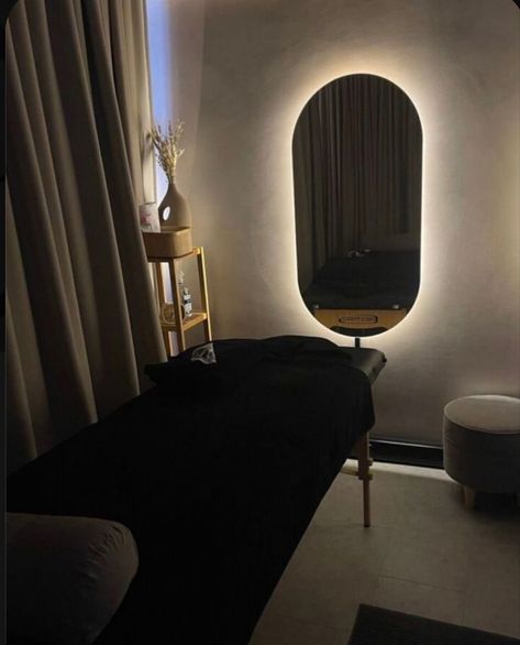 Black And Beige Esthetician Room, Black And Cream Lash Room, Black And White Aesthetic Lash Room, All Black Esthetician Room, Dark Esthetics Room, Black Med Spa Aesthetic, Black And Gold Lash Room, Brow Artist Room, Black And Gold Esthetician Room