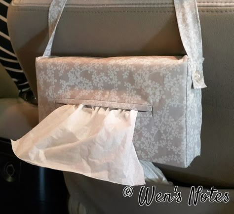 Hanging Tissue Box Cover | Wen's Notes Hanging Tissue Box Holder Diy, Sewing Tissue Box Cover, Box Covers Diy, Diy Tissue Box Cover, Diy Car Seat Cover, Car Tissue Holder, Tissue Paper Decorations, Tissue Paper Garlands, Notes Diy