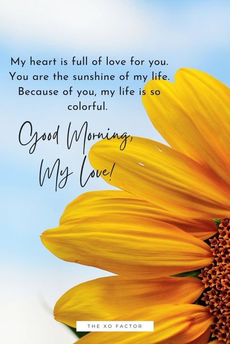 My heart is full of love for you. You are the sunshine of my life. Because of you, my life is so colorful. Good morning, my love! Loving Morning Quotes, Good Morning My Sunshine Love, You Are The Sunshine Of My Life, Morning Poem For Him, Morning Sunshine Quotes, Good Morning My Sunshine, Love Words For Her, Good Morning My Life, Good Morning Honey