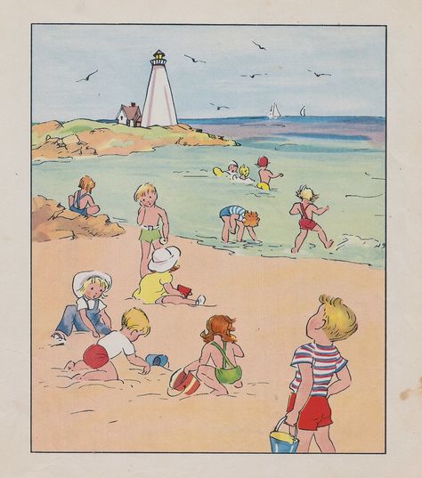 Day at the beach -- such a sweet illustration! Vintage Beach Illustration, People On The Beach Drawing, Beach Sun Illustration, Beach Day Illustration, Beach People Illustration, Seaside Illustration, Seaside Illustration On The Beach, Sweet Illustration, Beach Vintage