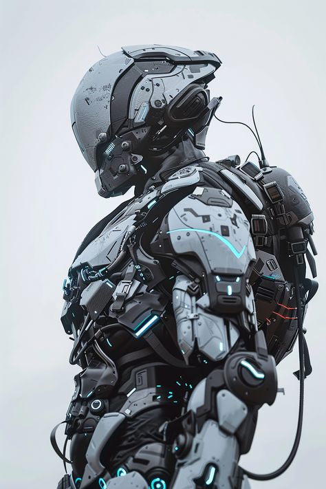 #Cyberpunk #MilitaryMech #ArmorSuit #BlackAndWhite #BlueAccents #Futuristic #TheCandie Cyberpunk Mech Suit, Futuristic Armor Concept Art, High Tech Armor, Sci Fi Suit, Sci Fi Soldier, Mech Armor, Cyberpunk Robot, Futuristic Military, Bucky Barnes Fanart