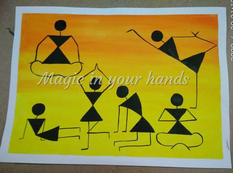 Yoga Day Crafts For Kids, Yoga Day Drawing For Kids, Yoga Day Rangoli, Yoga Day Painting, Yoga Day Drawing, Warli Art Painting, Warli Designs, Art Painting Tutorial, Painting Banana