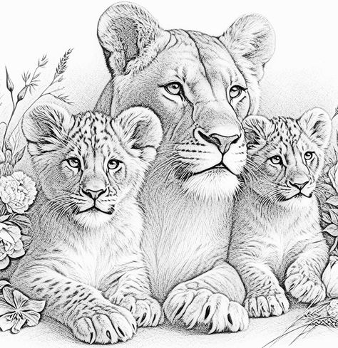 Parenthood Tattoo, Lioness Portrait, Lion And Lioness Tattoo, Cat And Dog Drawing, Arm Tattoos Drawing, Cubs Tattoo, Animal Sleeve Tattoo, Lioness Tattoo, Panda Drawing