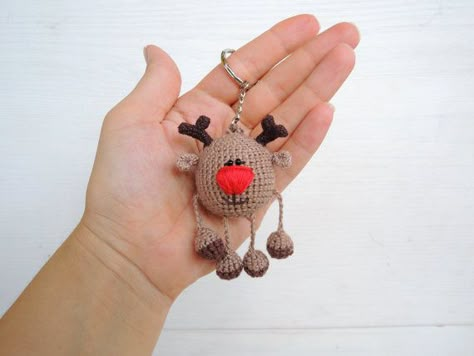 Keychain cute reindeer Rudolph, Crochet toy pendant key fob, Christmas gift ideas, Zipper pull, Car accessory, Purse charm, Trending gift by ColoredYarn Christmas Crochet Keychain, Crochet Christmas Keychain, Christmas Keychain, Keychain Pattern, Popular Crochet, Crochet Table Runner Pattern, Crochet Keychain Pattern, Cute Reindeer, Crochet Baby Boy