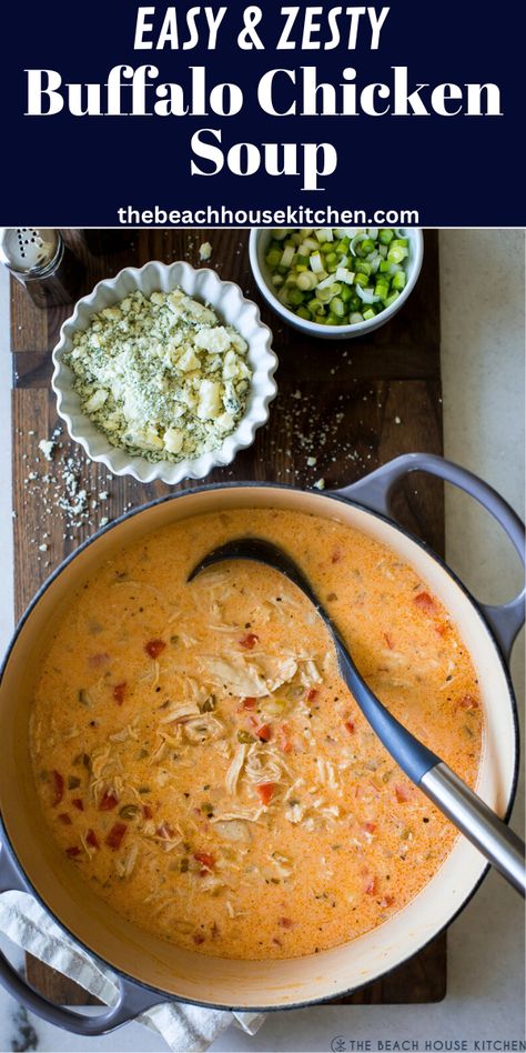 This Buffalo Chicken Soup is a zesty soup that's the perfect addition to your game day menu. It's perfectly spiced, simple to make and super satisfying! Buffalo Chicken Wing Soup Recipe, Buffalo Chicken Wing Soup, Buffalo Chicken Wing Soup Crockpot, Soup Buffalo Chicken, Low Carb Buffalo Chicken Soup, Buffalo Chicken Soup, Creamy Broccoli Soup, Pizza Salad, Stuffed Pepper Soup