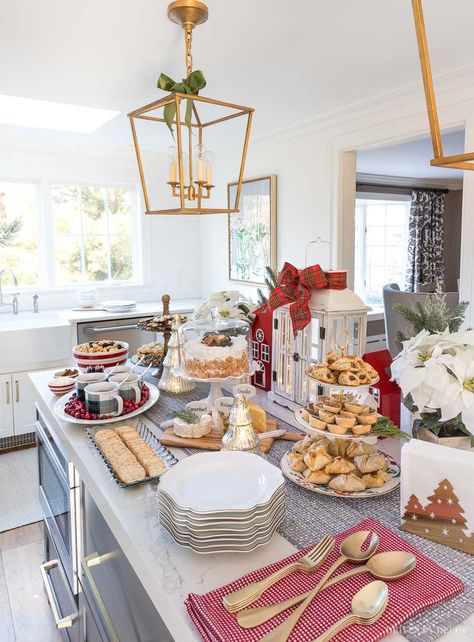 Holiday buffet of finger food set up on our kitchen island! #christmasbuffet #buffet #kitchenisland Tiered Food Display Buffet Tables, Christmas Buffet On Kitchen Island, Christmas Island Food Display, Christmas Dinner Layout, Christmas Party Home Decor, At Home Buffet Set Up, Christmas Party Island Decor, Christmas Buffet Tablescapes Display Food Tables, Kitchen Island Buffet Set Up