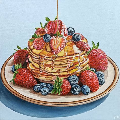 Cansupo - Etsy Greece Food Art Painting Acrylic, Pancake Painting, Pancakes Art, Breakfast Painting, Pancake Drawing, Pancakes With Strawberries, Breakfast Art, Painting Food, Strawberry Pancakes