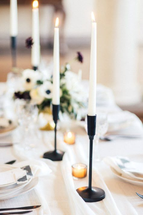 Taper Candle Centerpiece, Classic Palace, Black Candlesticks, Black Taper Candles, English Estate, Black And White Wedding Theme, Black Candle Holders, Candle Sticks Wedding, Modern Groom