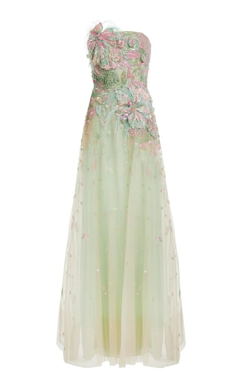 Bead Embroidered Strapless Dress By Elie Saab | Moda Operandi Prom Dress Embroidered, Elie Saab 2025, Ellie Saab Couture 2024, Spring Ball Gown, Bridgeton Dresses, Fancy Cocktail Dress, Strapless Green Dress, Embroidered Prom Dress, Elie Saab Resort