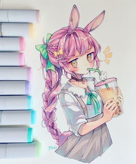 giant boba _(:з」∠)_ A Drawing, An Anime, Girl Drawing, A Girl, Tea, Anime, Hair, Pink, Instagram