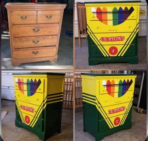 Diy Dresser Makeover Kids, Alice In Wonderland Dresser Diy, Mickey Mouse Dresser Diy, Disney Dresser Diy, Trippy Dresser Painting Ideas, Weird Furniture, Repurposed Furniture Diy, Funky Painted Furniture, Diy Furniture Renovation