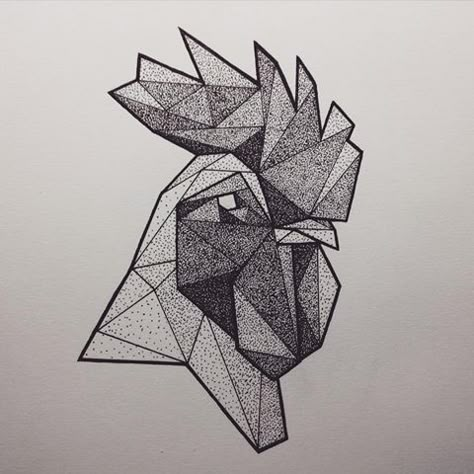 Rooster Head Tattoo, Head Tattoo Design, Rooster Head, Chicken Tattoo, Rooster Tattoo, Stippling Art, Head Tattoo, Geometric Tattoos, Polygon Art