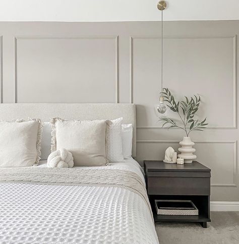 Panelling Above Bed, Full Wall Paneling Bedroom, Panelling Headboard, Panelled Walls Bedroom, Cream Upholstered Bed, Woman's Bedroom, Wall Behind Bed, Panels Bedroom, White Bedrooms